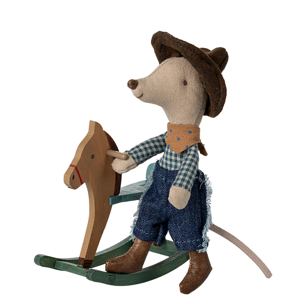 Maileg Cowboy Mouse Little Brother on Rocking Horse