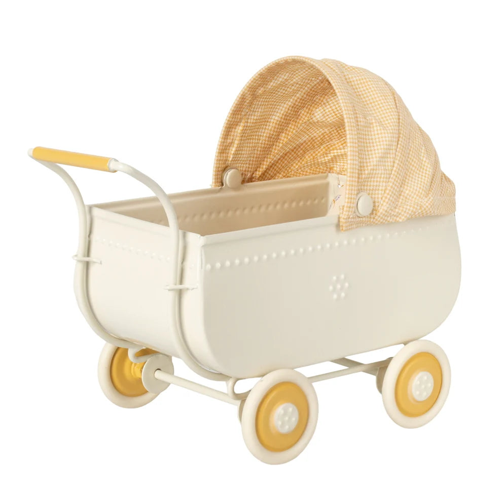 A vintage-style toy baby carriage in off-white with a yellow-and-white gingham canopy, yellow wheels, and a yellow handle, shown on a plain white background.