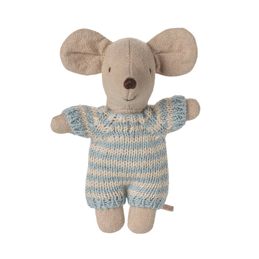Stuffed toy mouse in a striped outfit on a white background