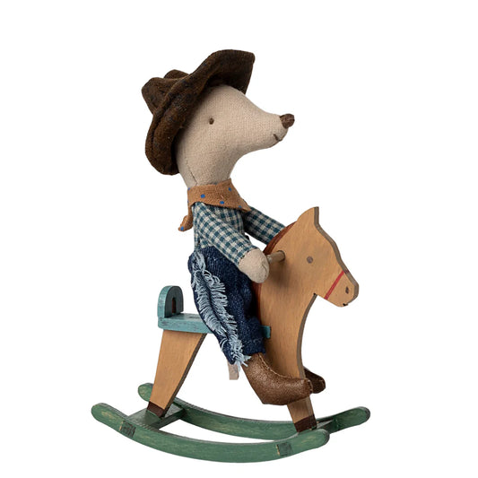 Maileg Cowboy Mouse Little Brother on Rocking Horse